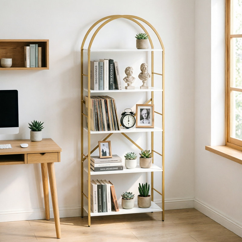 66.14''H x 23.62''W Etagere Bookcase 5 Tier Metal Arched Bookcase