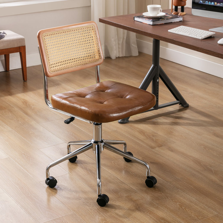 Ayris Adjustable Height Armless Swivel Leather Task Chair with Rattan Back