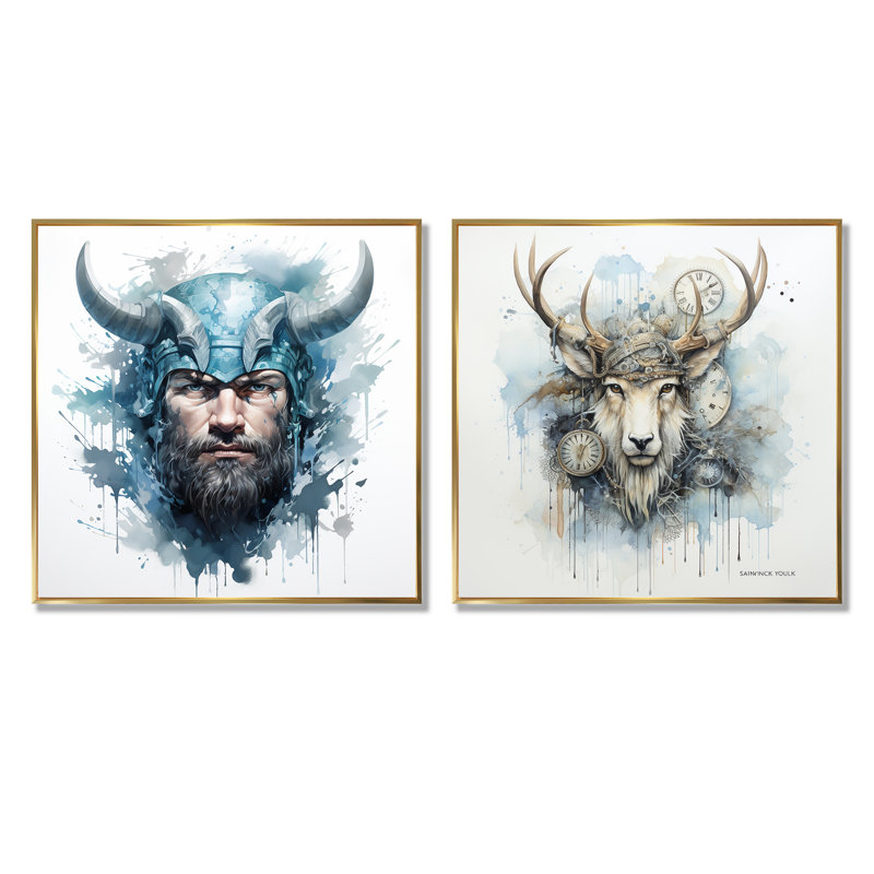«Blue Saga Of Viking Legends I - People», ensemble d'art mural sur toile, Cadre flottant doré, H 16 po x l 33 po x P 1 po