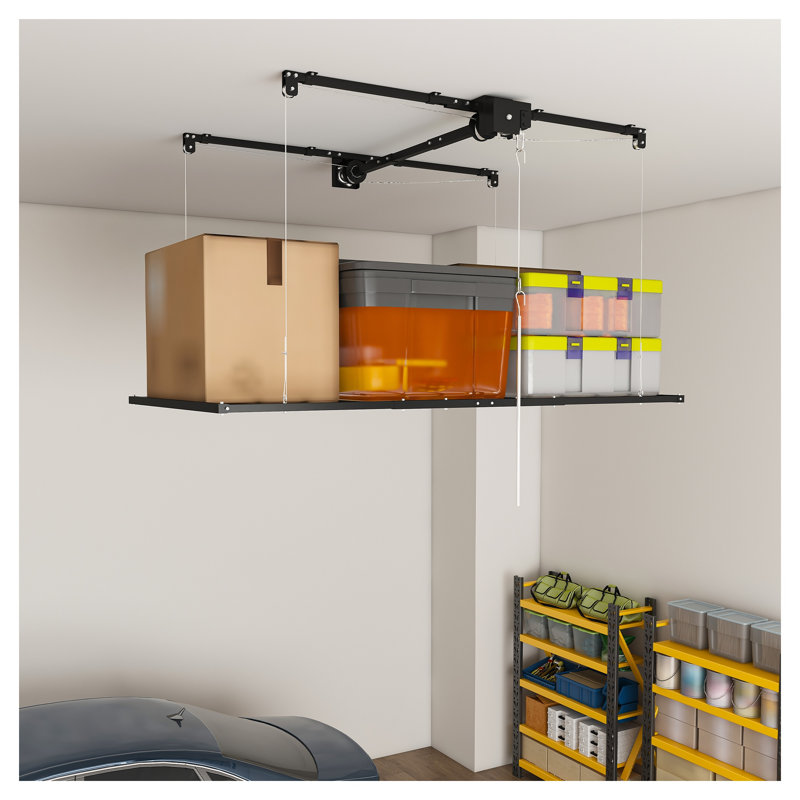 Support de rangement de garage noir de 3 pi x 6 pi, système de fixation au plafond avec système à manivelle pour plafonds de 10 à 12 pi, fabrication entièrement en acier d'une capacité de 370 lb