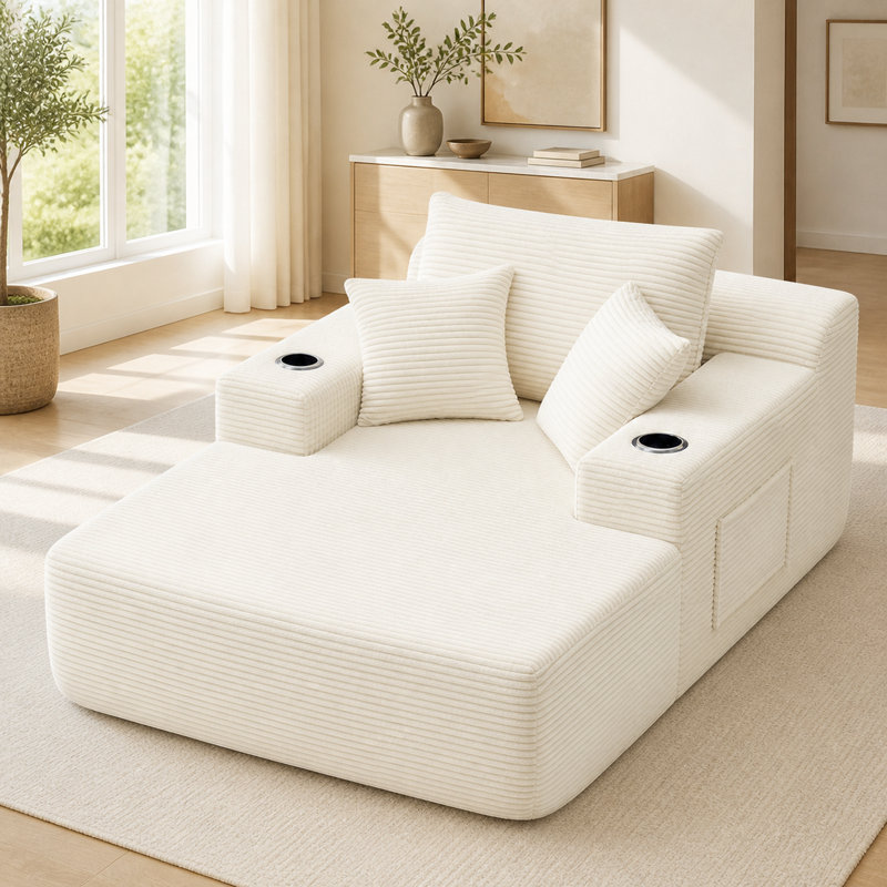 Chaise longue surdimensionnée en velours côtelé sans dossier, 170 cm de profondeur, avec 3 coussins, 2 porte-gobelets et une poche latérale, aucun assemblage requis, blanche
