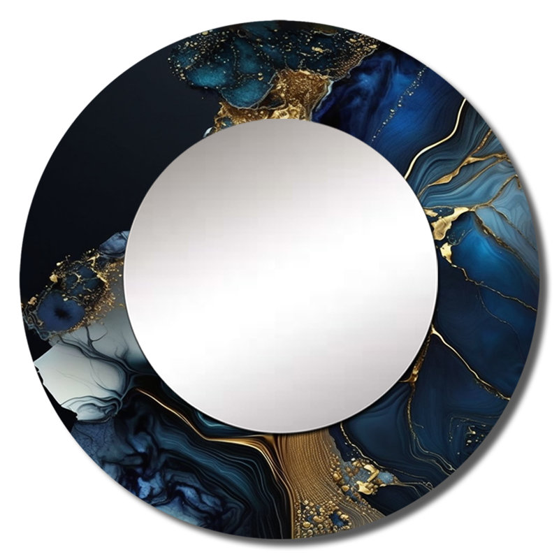 Punita Abstract Geode Gold And Blue Marble V - Marble Wall Mirror, Blue Round Decorative Mirror, Printed Metal Art, 36" x 36"
