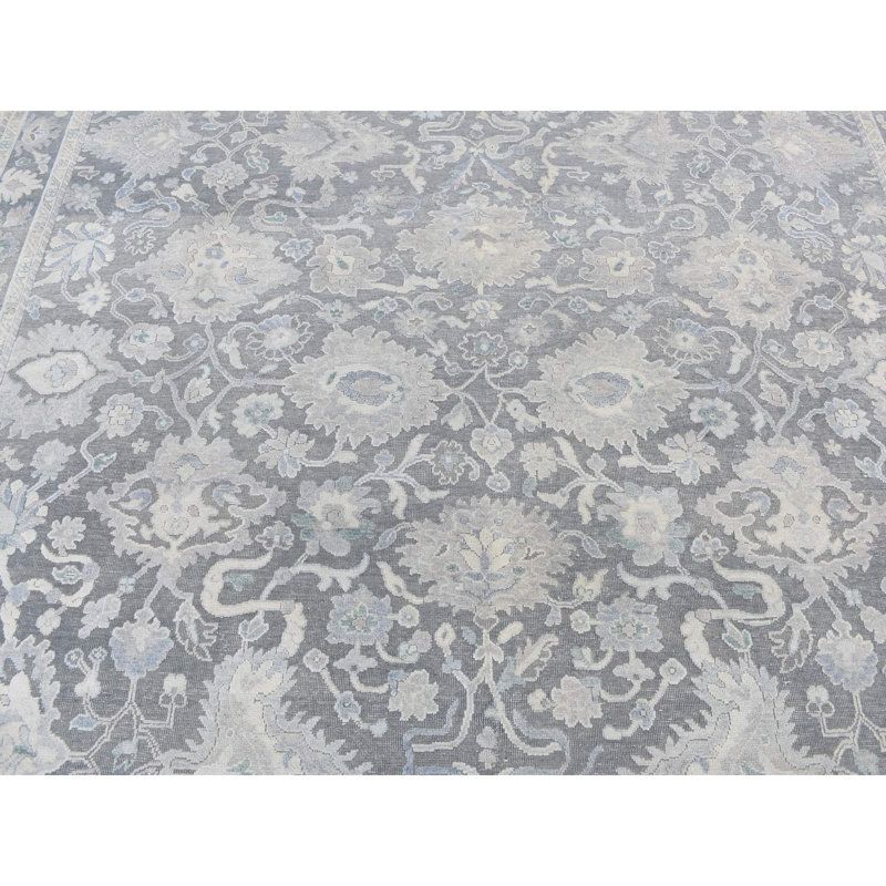 Tapis gris en laine nouée à la main 8 pi 1 po x 10 pi Influence Oushak avec laine peinte