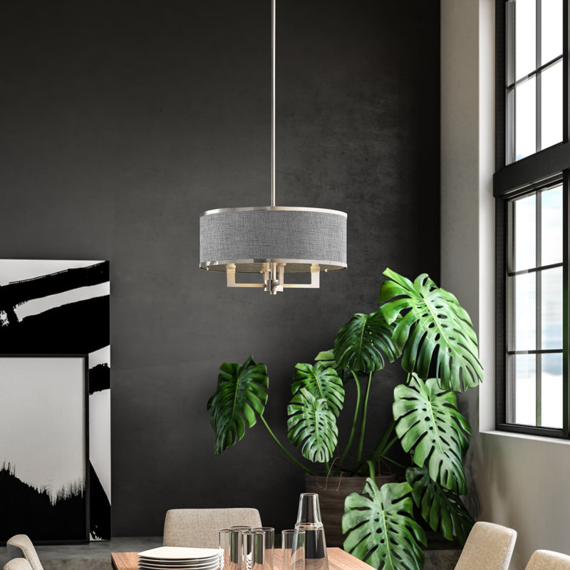 Lustre tambour à abat-jour Berthine, Gris, Nickel brossé