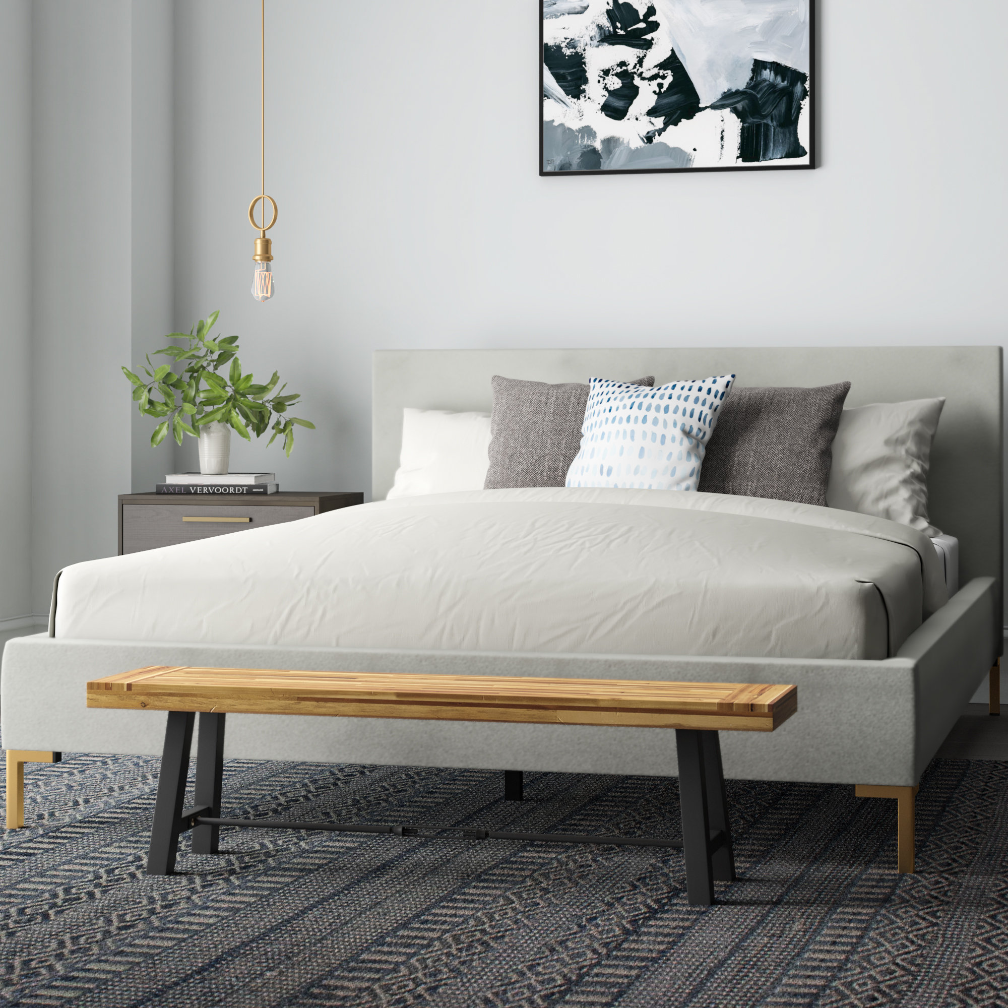 Rand Upholstered Bed, California King, Bella Light Gray Performance Velvet, Brass