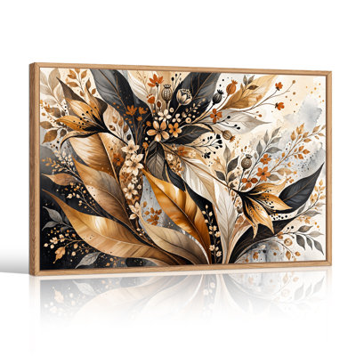 Tableau sur toile à motifs botaniques dorés et noirs avec fleurs orange