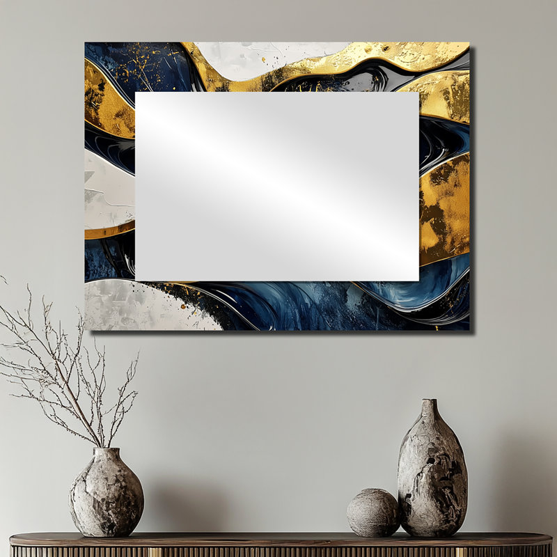 «Hard Edge», bleu et doré, jeu optique en spirale I - art mural miroir moderne - imprimé sur métal, 24" x 32"