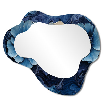Aqua Blue Poppies Dreamscape At Night I - Poppies Asymmetrical Decorative Mirror, Traditional irregular Wall Mirror, Printed on Metal