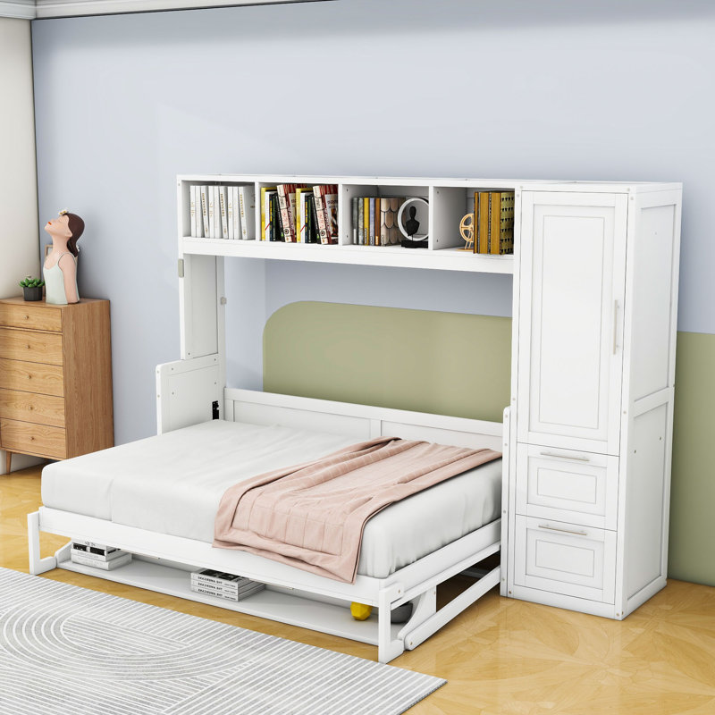 Lit escamotable en bois avec tablettes, placard et tiroirs Ladontay, Double, Blanc
