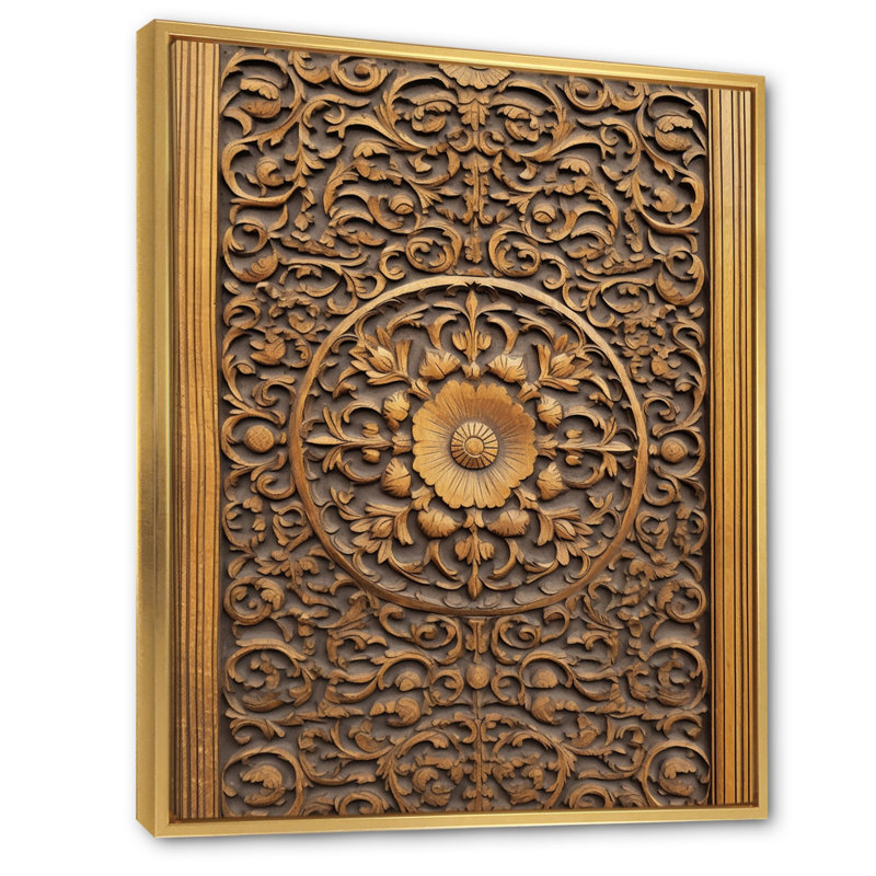 Vieille porte en bois sculpté douzième sur toile, Cadre flottant doré, H 32 po x l 16 po x P 1 po