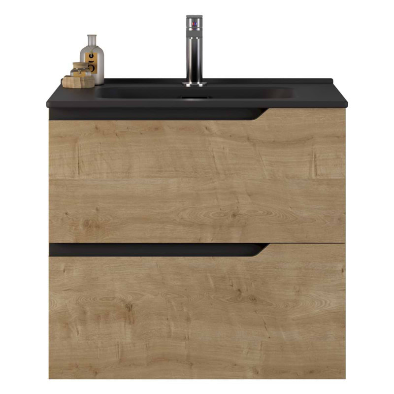 Duo 24" Single Vanity With Integrated Ceramic Top, Blonde Wood, Black, 32"