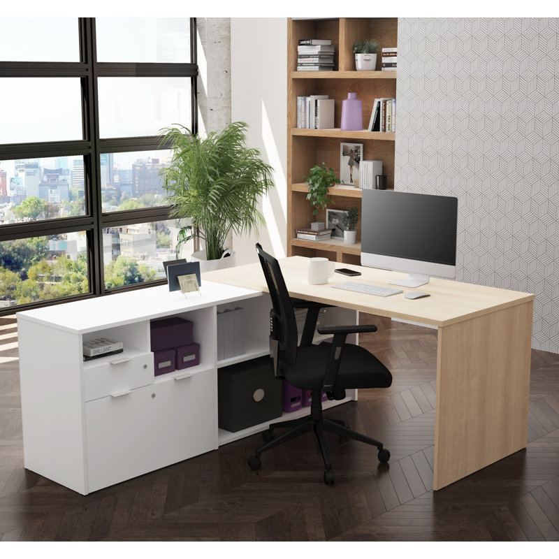 Bureau de direction en L réversible Operle, Érable nordique et blanc