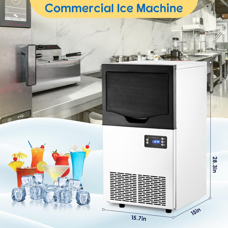 Machine à glaçons commerciale, 100 lb / 24 heures, bac de 33 lb, acier inoxydable, autonettoyante, sous comptoir ou autoportante