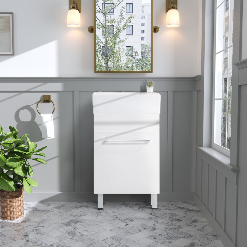 Armoire de salle de bain 19 po blanche avec lavabo en céramique - Petit meuble-lavabo en bois massif de qualité lustrée avec deux portes d'extension pour un trou de débordement élégant et facile d'accès aux fuites d'eau Choisissez votre robinet (robinet)