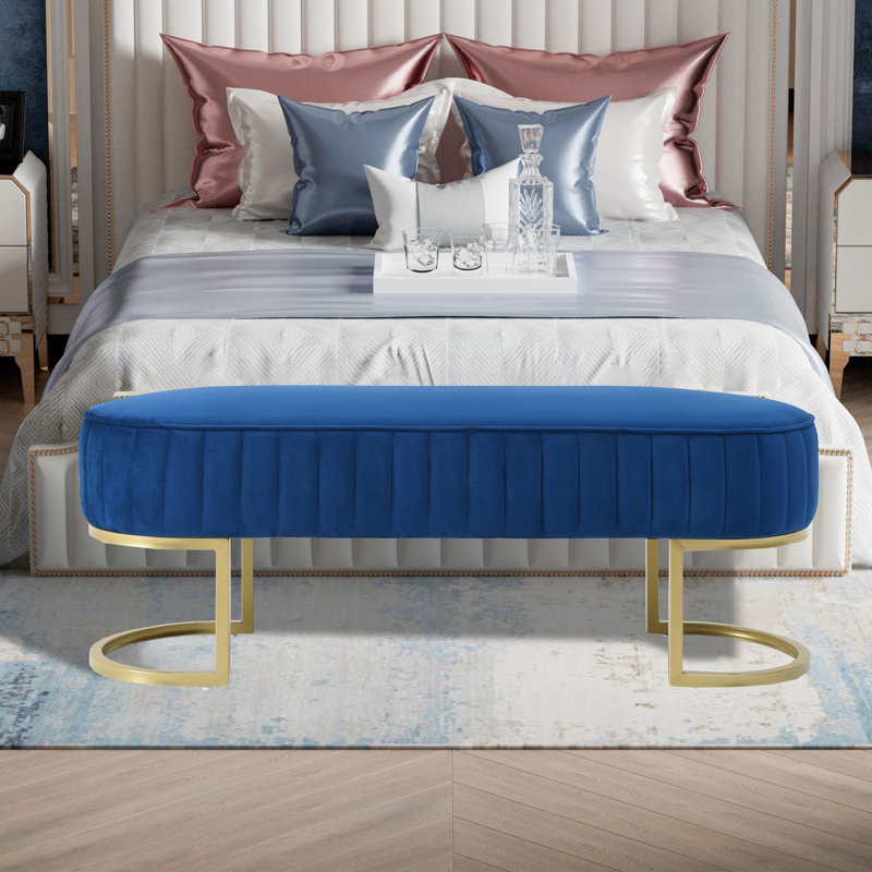 48" Wide Shoe Storage Bench Velvet Upholstered Bench Tufted Bench for Entryway and Bedroom, Blue