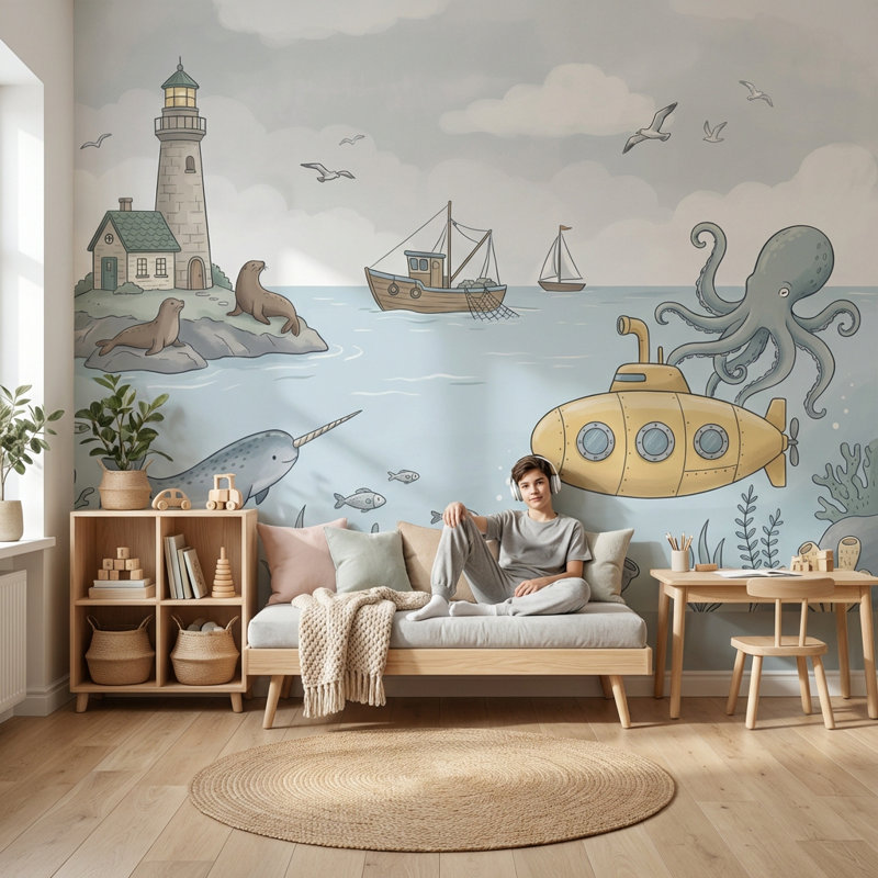 Murale sous-marine nautique avec papier peint phare, Non tissé, 160 po x 108 po