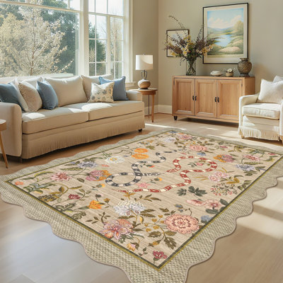Farmhouse Floral Rug Washable Rug Non Slip Modern Scalloped Carpet, Soft Non Shedding Indoor Carpet, Low Pile Thin Foldable Printed Mat