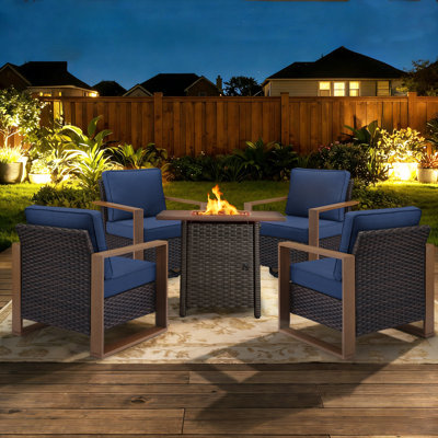 5-Piece Outdoor Frame Armrest Patio Conversation Set With Swivel Chairs And Fire Pit Table