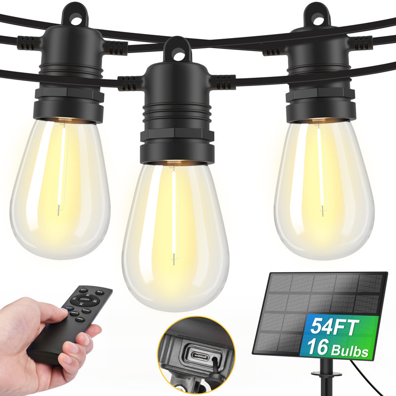 54FT Solar String Lights Outdoor Waterproof 16+1 LED Bulbs Remote Controlled Timer Dimmable, USB Port Solar Lights, Outdoor Lights for Patio, Balcony, Garden, Camping