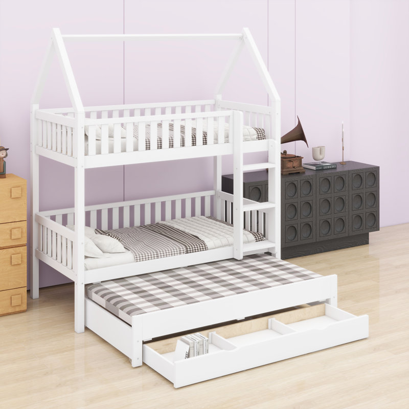 Whimsical House Design Bunk Bed with Guardrails, Expandable Trundle Base, and Built-In Drawer Storage