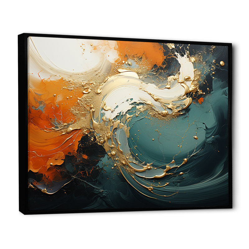 Tempête de marbre bleu et doré VI - art mural abstrait, Cadre flottant noir, H 34 po x l 44 po x P 1,5 po