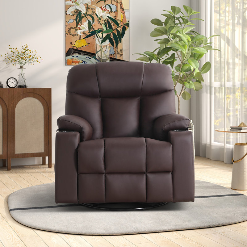 Arncliffe 37.8" Wide Faux Leather Swivel Rocker Manual Recliner Chair With Heated Massage & Dual Cupholders, Brown