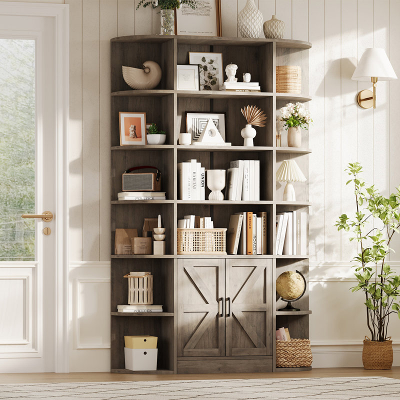 75in Tall Bookcase with Doors and Open Shelves for Bedroom, Living Room, Study Room, Gray