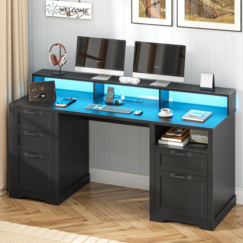 61" Farmhouse Executive Desk With LED Lights And Power Outlets, Black