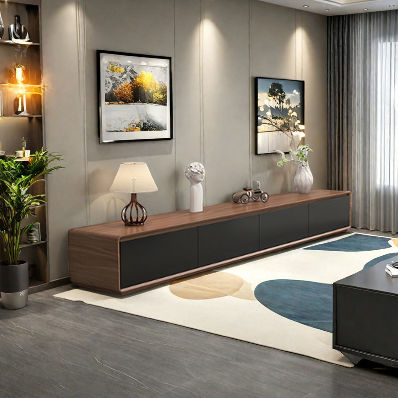 Meuble télé multi-tiroirs avec base pleine, H 15,74 po x L 86,61 po x l 15,74 po, Noir / brun clair