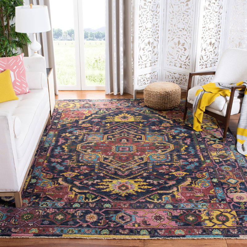 Tapis oriental bleu / rouille en laine / coton noué à la main Kline, Rectangle 8 pi x 10 pi