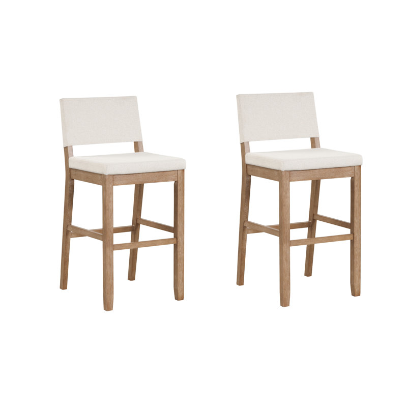 Natural Flax and Light Brown Upholstered Bar Stools, Set of 2