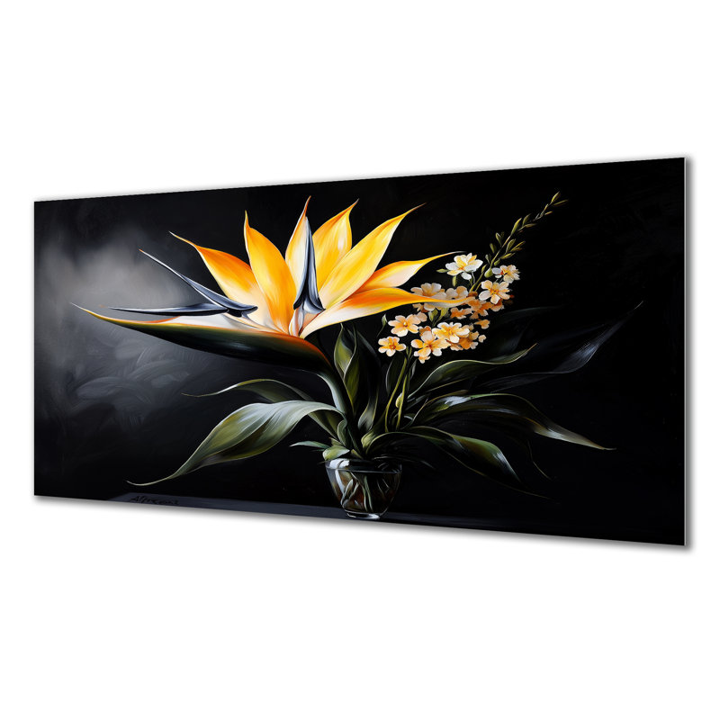 Fleurs tropicales, oiseaux du paradis II - impression florale en métal, oiseaux du paradis, H 28 po x l 60 po