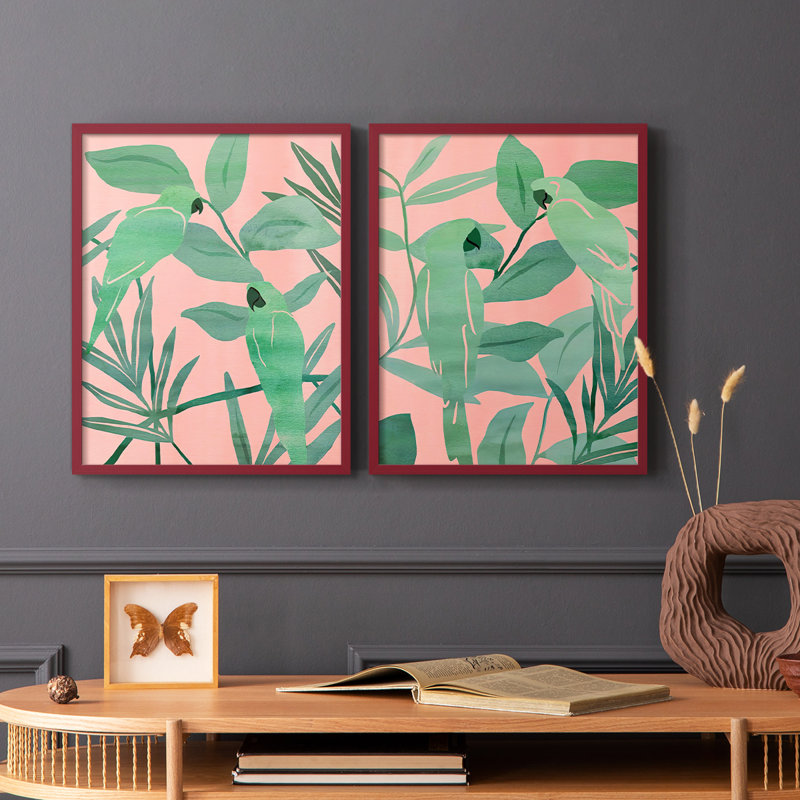 Oiseaux de paradis rose et vert, reproduction encadrée de qualité supérieure - prête à être accrochée - aucun clou requis - aucun clou requis