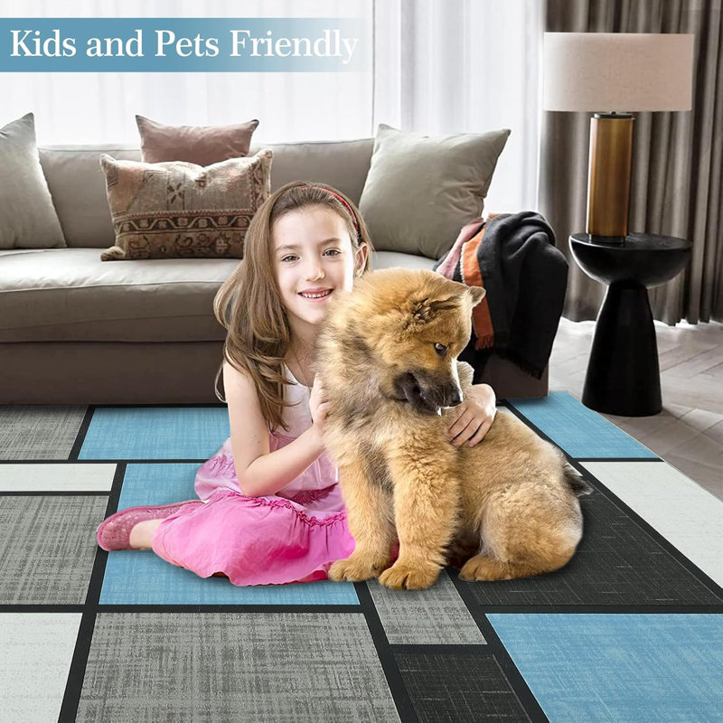Rug Box Design Hallway Rug Non Slip Thin Area Rug Bohemian Farmhouse Low Pile Area Rug, Light Blue, Rectangle 8' x 10'