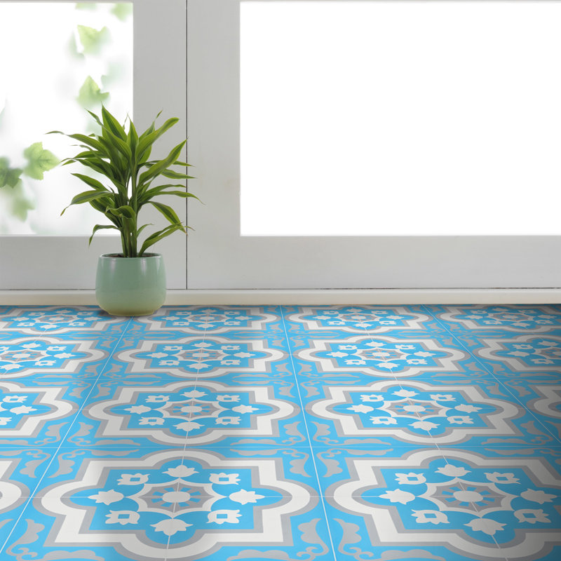 Taza 8" x 8" Cement Patterned Wall & Floor Tile, Blue/Gray/White