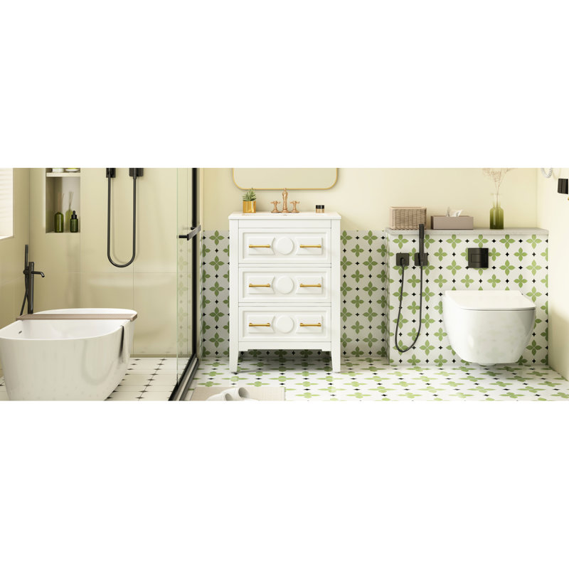 Meuble-lavabo de salle de bain rétro blanc 24 po avec lavabo en céramique et 3 tiroirs, bois de pin massif, lavabo à tiroirs longue durée, structure en bois, conception de déversement