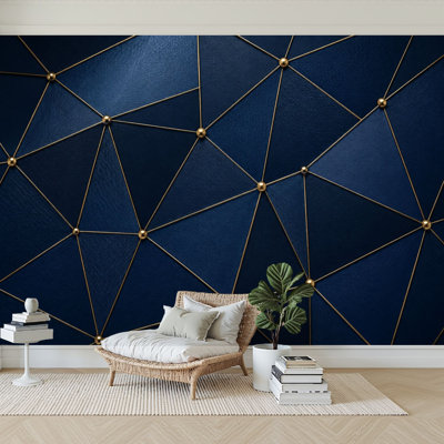 Papier peint adhésif autocollant amovible géométrique moderne bleu foncé foncé avec détails décoratifs et adhésifs pour salon H 100 po x l 144 po