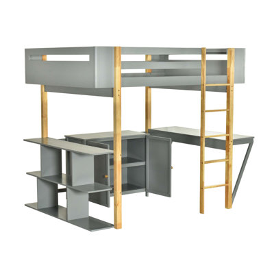 Lit mezzanine en bois avec armoire de rangement intégrée et cubes, bureau pliable