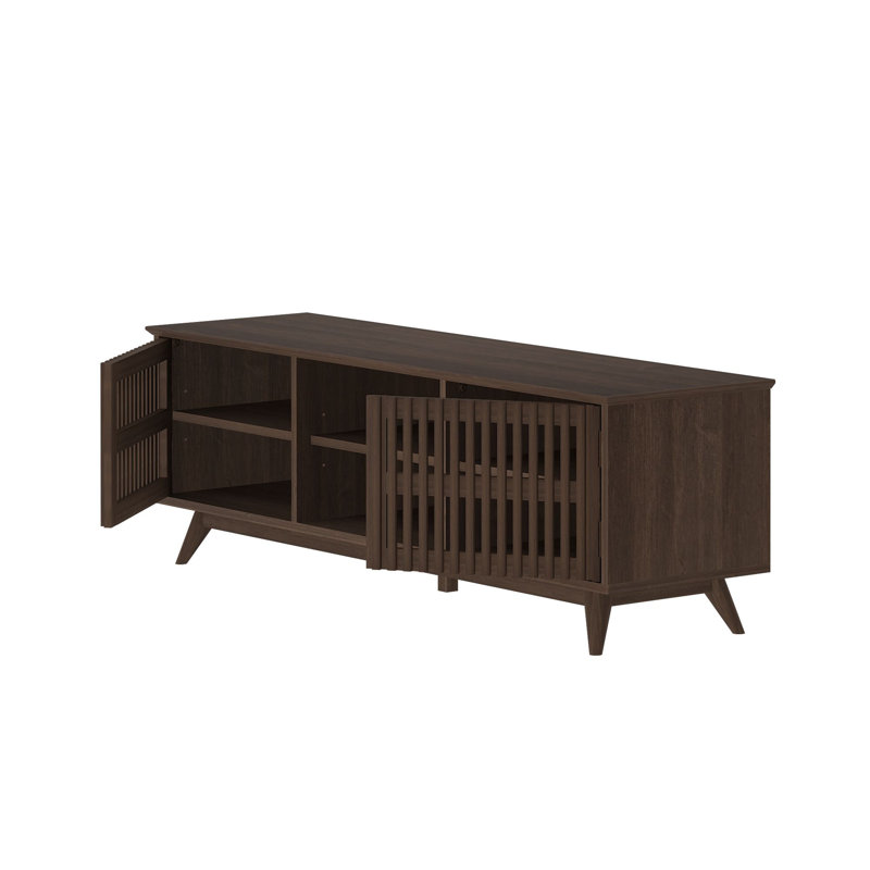 Solid wood Mid Century Modern TV Stand, 2 Door w/ Middle Shelf  (1495 x 406 x 482mm / 59 x 16 x 19in), Walnut