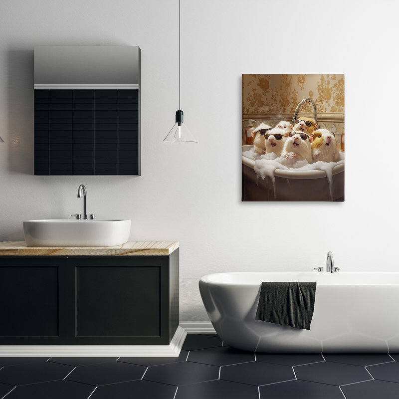 Cochons d'Inde dans une toile de bain moussant, design par Jim Baldwin, H 40 po x l 30 po
