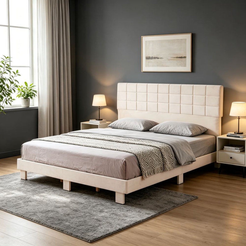 Cadre de lit plateforme très grand en lin pour chambre à coucher, tête de lit capitonnée avec support à lattes de bois et tête de lit réglable