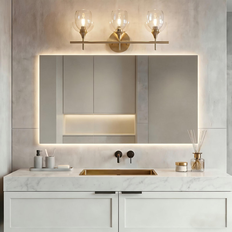 3-Light Bathroom Vanity Light, Modern Gold Wall Sconce with Clear Glass Shades