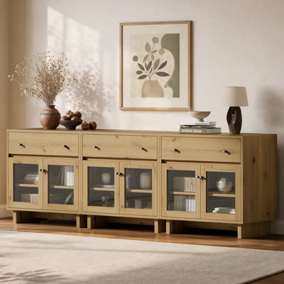 Almaguer 31.3" Wide Sideboard with Drawer, Glass Doors, and Adjustable Shelf (Set of 3), Natural Oak