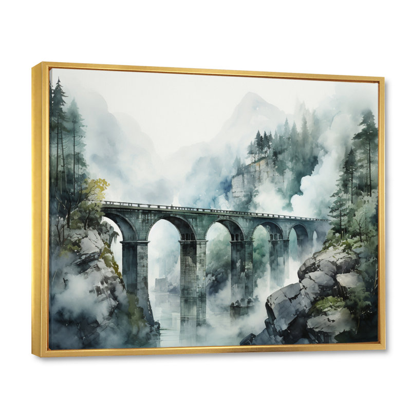 Impression sur toile Babsi Green Bridge Misty Overpass, Cadre flottant doré, H 34 po x l 44 po x P 1,5 po