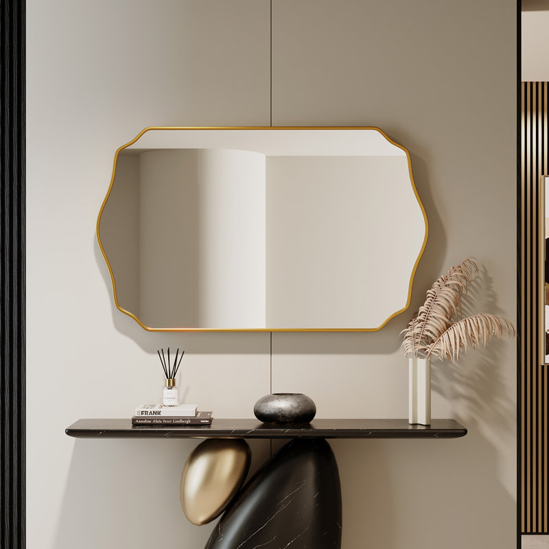 Scalloped Mirror Irregular Wall Mirror Unique Rectangle Mirrors for Bathroom，Entryway, Gold, 48" x 29"