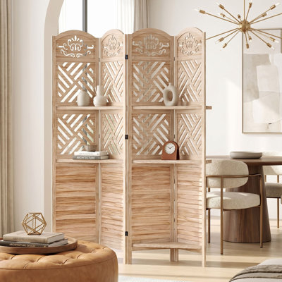 Wood Carved Room Divider with Shelves – Louvered Folding Partition Screen