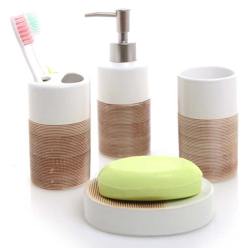 4 Piece Bathroom Accessory Set, White/Brown