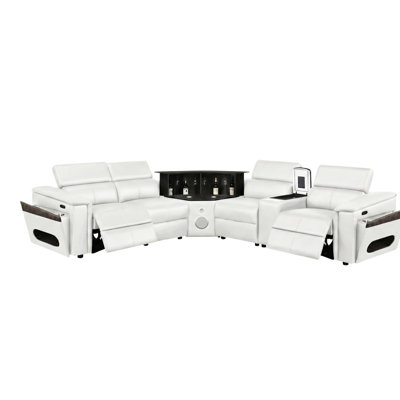 Modern White Sectional, 4 Seats, Faux Leather Upholstery, 2 Power , Manually Adjustable Headrests, Wireless Charging Pad, Charging, Speaker, Led Bar, Storage, Armrest Optional Freezer Console Or