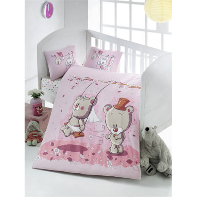 Ensemble de housse de courtepointe en coton doux pour bébé Ranforce, 39,4 x 59,1 pouces | 2 taies d'oreiller 13,8 po x 17,7 po | 145 fils | Rose, gris, brun et blanc | Lavable à la machine, fermeture à boutons, parfait pour la décoration de chambre d