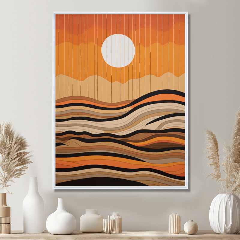 Minimal Full Moon Autumn Waves - impression d'art mural plage et océan, Toile encadrée flottée blanche